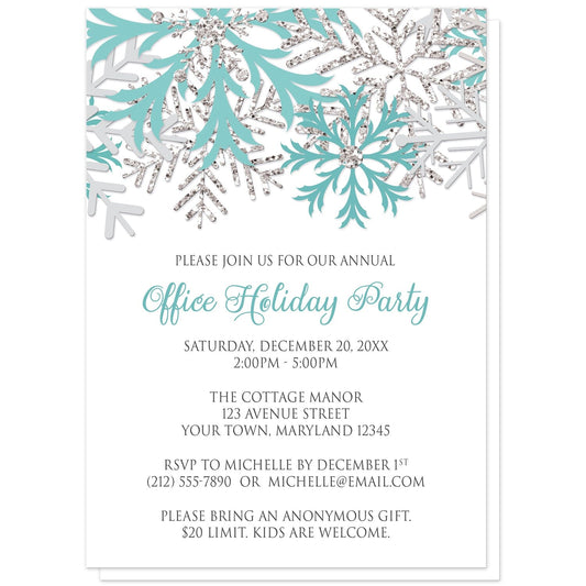 Winter Teal Silver Snowflake Holiday Party Invitations at Artistically Invited. Winter teal silver snowflake holiday party invitations with teal, light teal, and silver-colored glitter-illustrated snowflakes over a white background. Your personalized party details for your home or office party are custom printed in gray and teal. The occasion title is printed in a whimsical teal script font while your remaining details are printed in an all-capital letters gray serif font.
