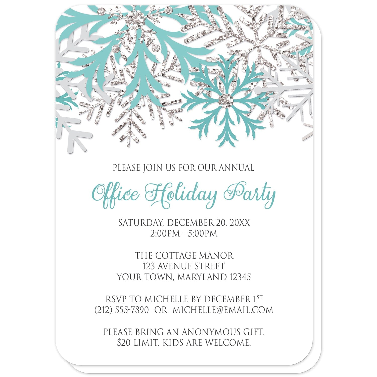 Winter Teal Silver Snowflake Holiday Party Invitations (with rounded corners) at Artistically Invited. Winter teal silver snowflake holiday party invitations with teal, light teal, and silver-colored glitter-illustrated snowflakes over a white background. Your personalized party details for your home or office party are custom printed in gray and teal. The occasion title is printed in a whimsical teal script font while your remaining details are printed in an all-capital letters gray serif font.