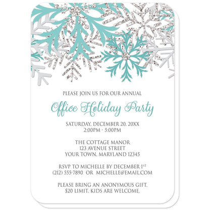 Winter Teal Silver Snowflake Holiday Party Invitations (with rounded corners) at Artistically Invited. Winter teal silver snowflake holiday party invitations with teal, light teal, and silver-colored glitter-illustrated snowflakes over a white background. Your personalized party details for your home or office party are custom printed in gray and teal. The occasion title is printed in a whimsical teal script font while your remaining details are printed in an all-capital letters gray serif font.
