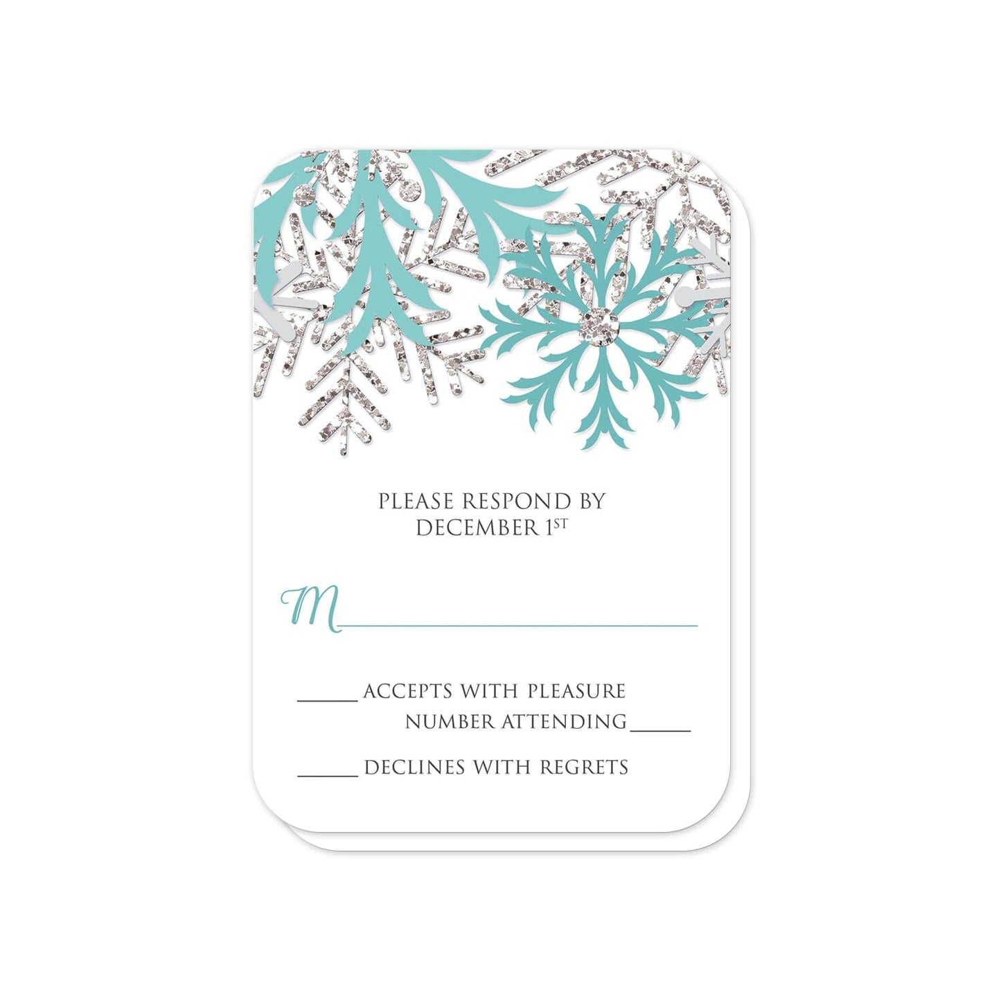 Winter Teal Silver Snowflake RSVP Cards (with rounded corners) at Artistically Invited.