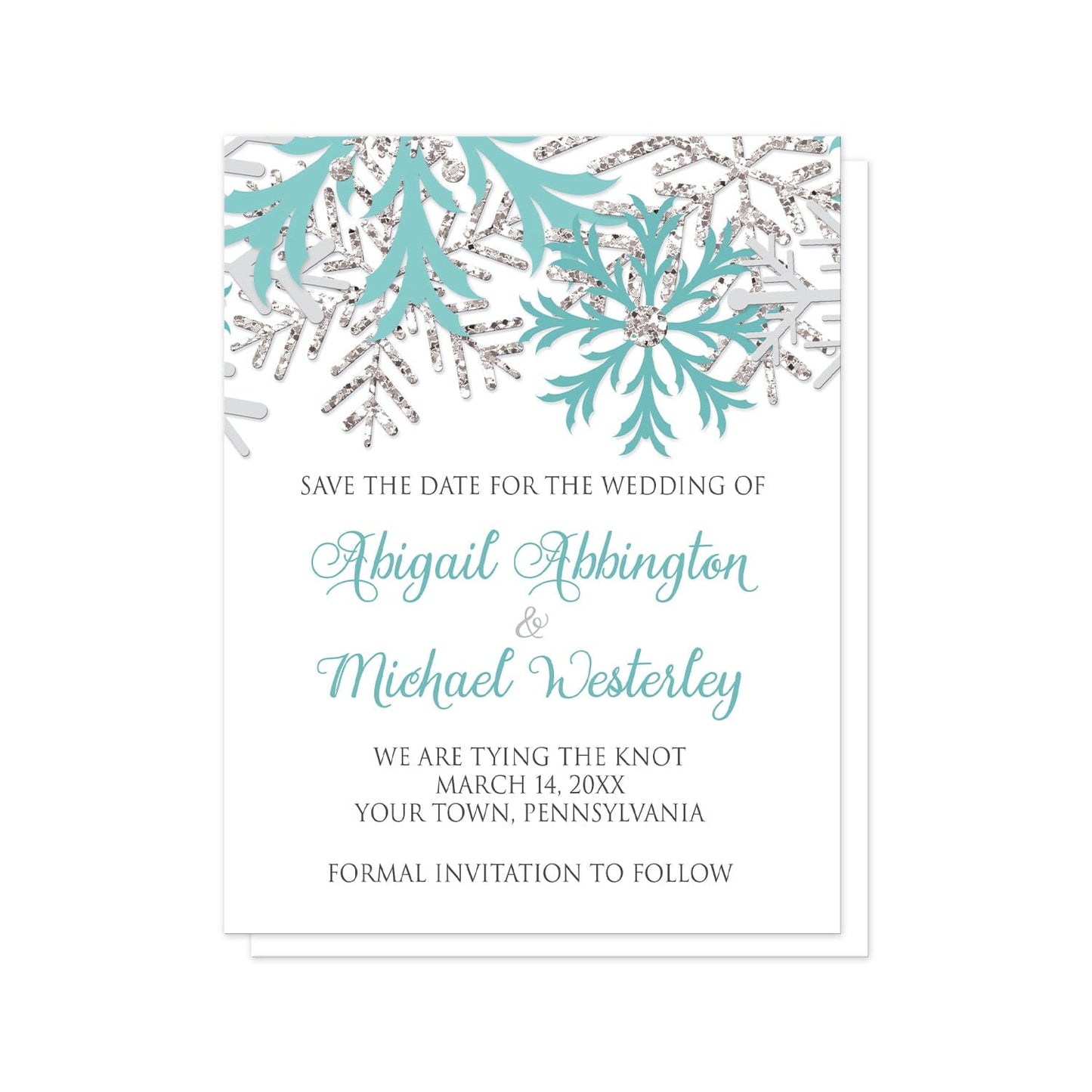 Winter Teal Silver Snowflake Save the Date Cards at Artistically Invited. Beautiful winter teal silver snowflake save the date cards designed with teal, light teal, silver-colored glitter-illustrated, and light gray snowflakes along the top over a white background. Your personalized wedding date details are custom printed in teal and gray below the pretty snowflakes.