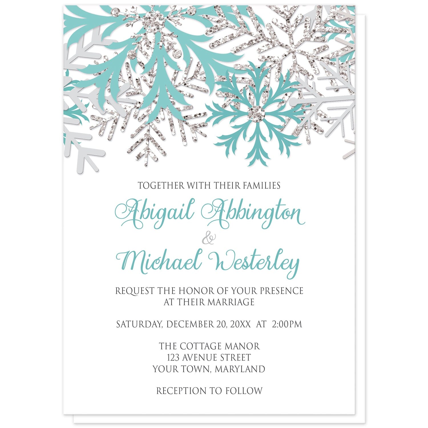 Winter Teal Silver Snowflake Wedding Invitations at Artistically Invited. Beautiful winter teal silver snowflake wedding invitations designed with teal, light teal, silver-colored glitter-illustrated, and light gray snowflakes along the top over a white background. Your personalized marriage celebration details are arranged in teal and gray below the pretty snowflakes.