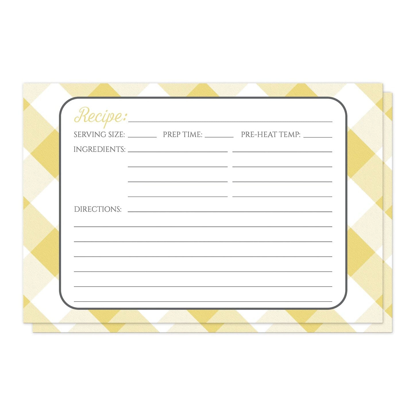 Yellow Gingham Recipe Cards at Artistically Invited. Yellow gingham recipe cards designed with a diagonal white and yellow gingham pattern background. The recipe is to be handwritten over a white rectangular area outlined in gray centered over the yellow gingham background.