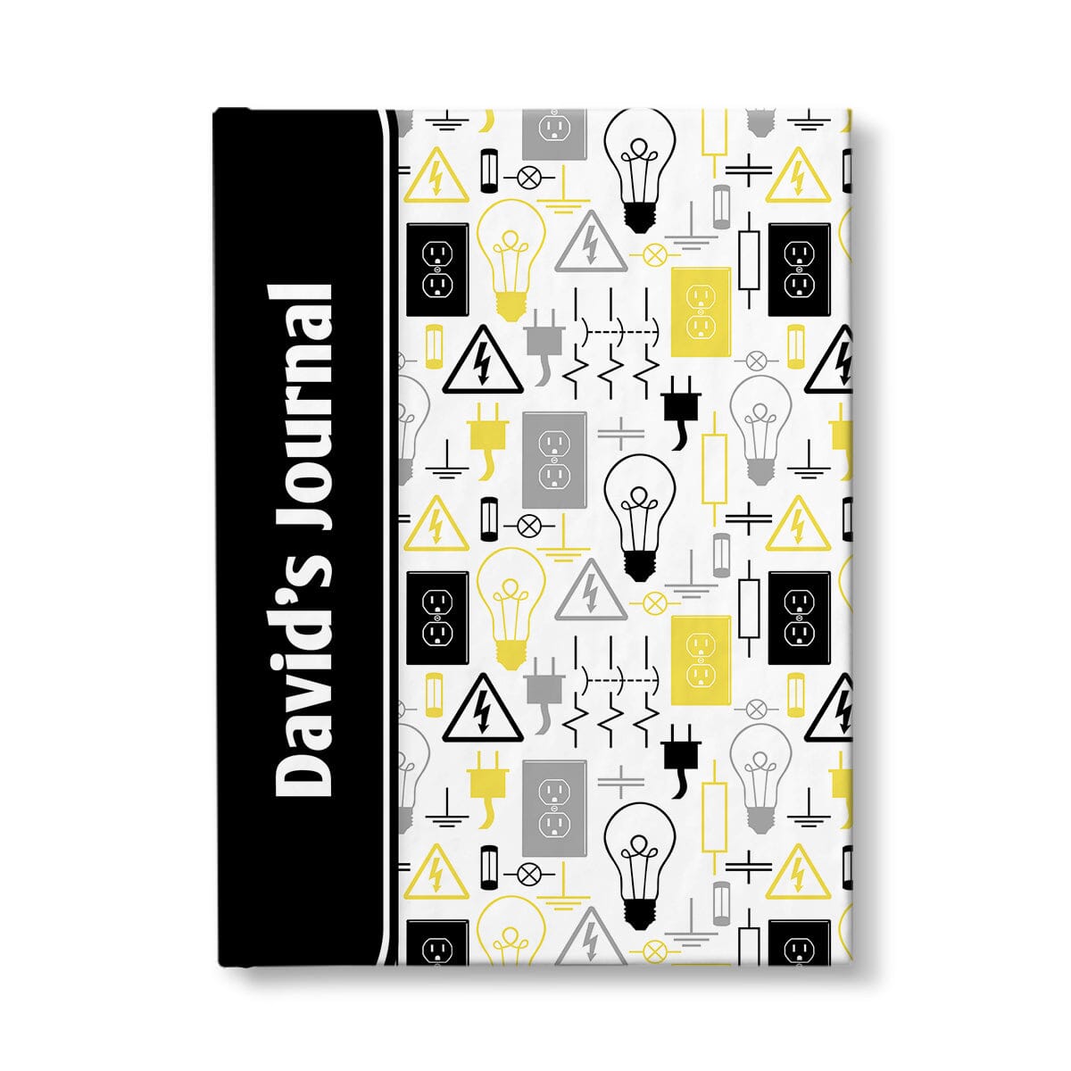 Personalized Yellow Electrical Pattern Journal at Artistically Invited. A custom book designed with a black color black wrapping over the spine area, over a yellow electrical pattern over the rest of the cover. This pattern has different electrical symbols and other images related to electricity in yellow, black, and gray. Your name is printed sideways in white over the black color block area on the front of the cover near the spine.
