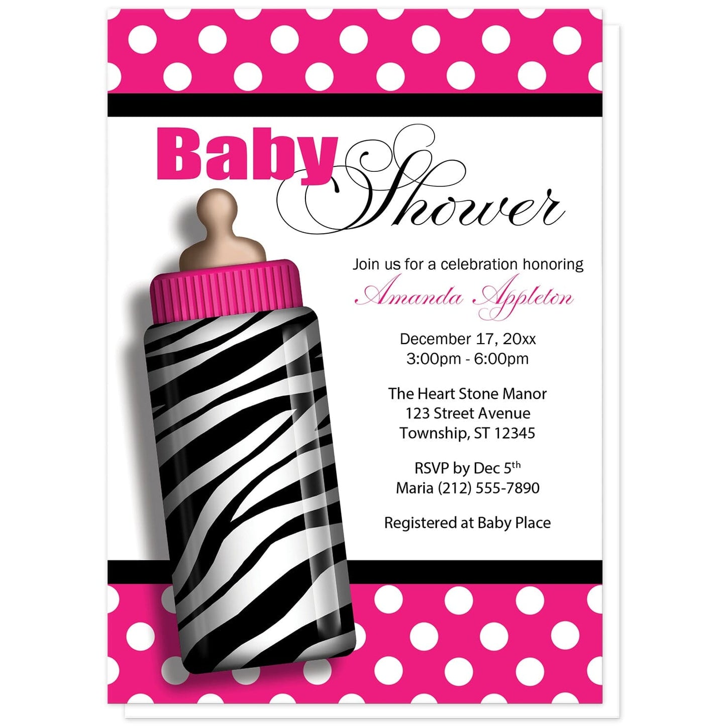 Zebra Print Hot Pink Baby Bottle Baby Shower Invitations at Artistically Invited. Stylish zebra print hot pink baby bottle baby shower invitations featuring an illustration of a baby bottle with a black and white zebra stripes pattern on the left side and a hot pink polka dot pattern along the top and bottom of the invitations. Your personalized baby shower celebration details are arranged in pink and black on white to the right of the baby bottle between the polka dot patterns.