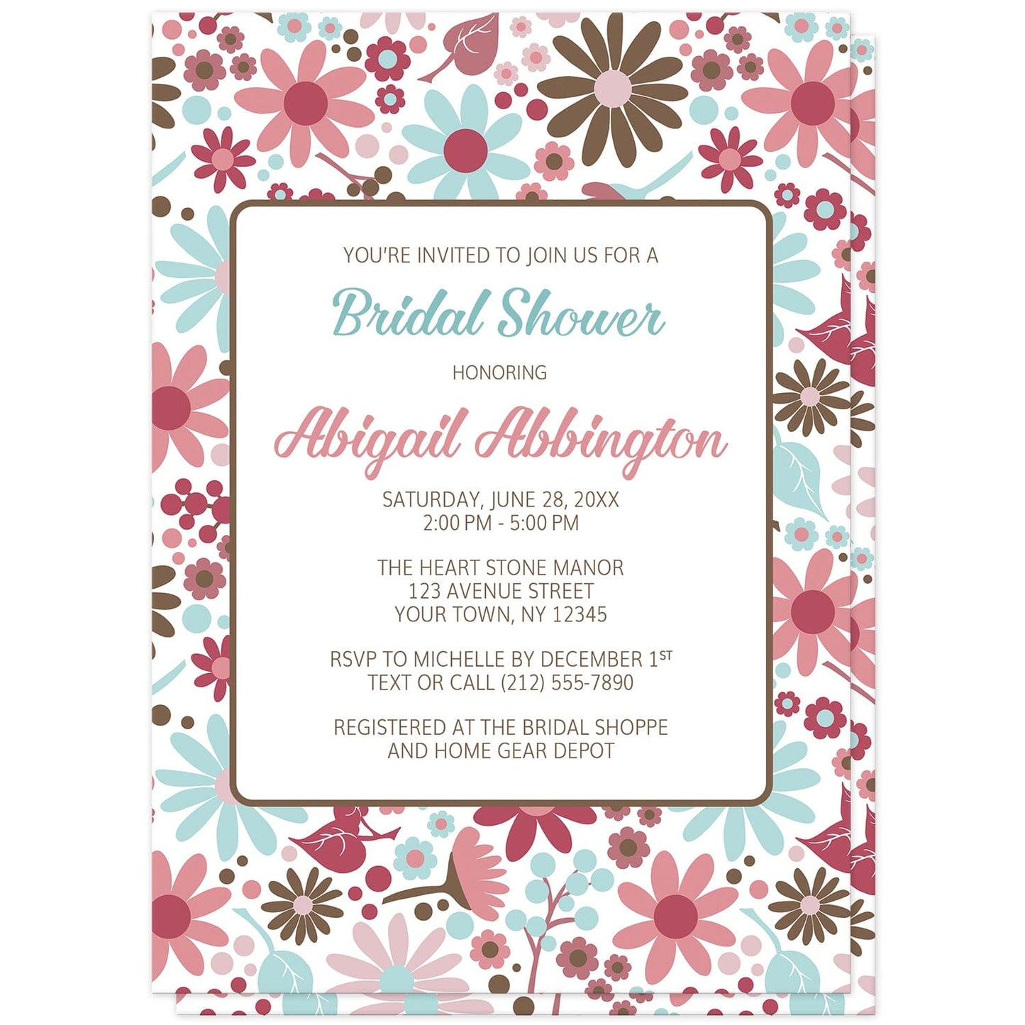 Berry Blue Summer Flowers Bridal Shower Invitations at Artistically Invited. Beautiful berry blue summer flowers bridal shower invitations designed with a pretty summer floral pattern in different hues of berry pink with blue and brown. Your personalized bridal shower celebration details are arranged in blue, pink, and brown on white over the flowers pattern.