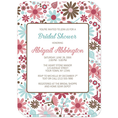 Berry Blue Summer Flowers Bridal Shower Invitations (with rounded corners) at Artistically Invited. Beautiful berry blue summer flowers bridal shower invitations designed with a pretty summer floral pattern in different hues of berry pink with blue and brown. Your personalized bridal shower celebration details are custom printed in blue, pink, and brown on white over the flowers pattern. 
