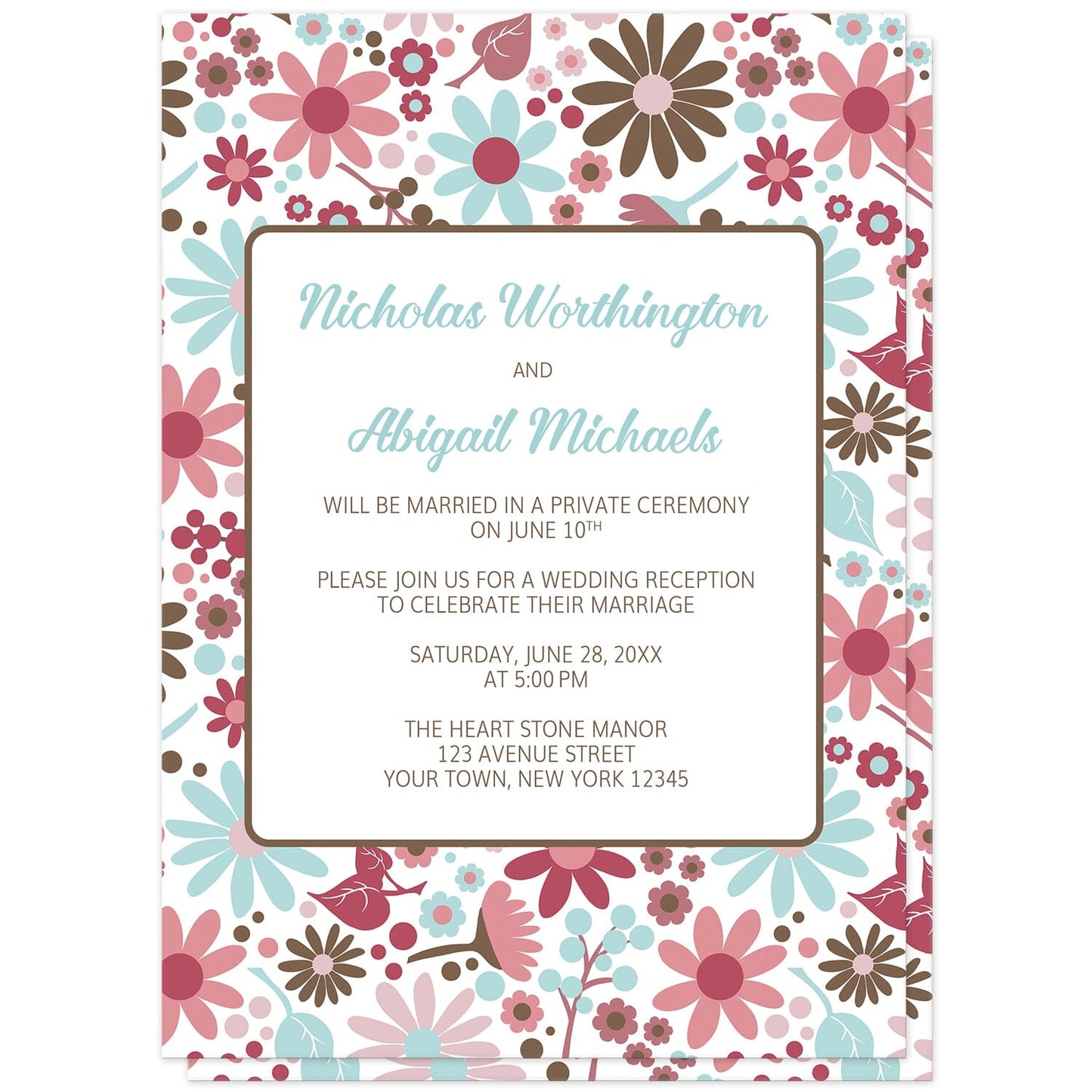 Berry Blue Summer Flowers Reception Only Invitations (front) at Artistically Invited. Beautiful berry blue summer flowers reception only invitations designed with a pretty summer floral pattern in different hues of berry pink with blue and brown. Personalize these invitations with your post-wedding reception occasion details. They're a gorgeous option for any couple who loves floral designs as they're covered in this flowers pattern on both the front and back of the invitations.