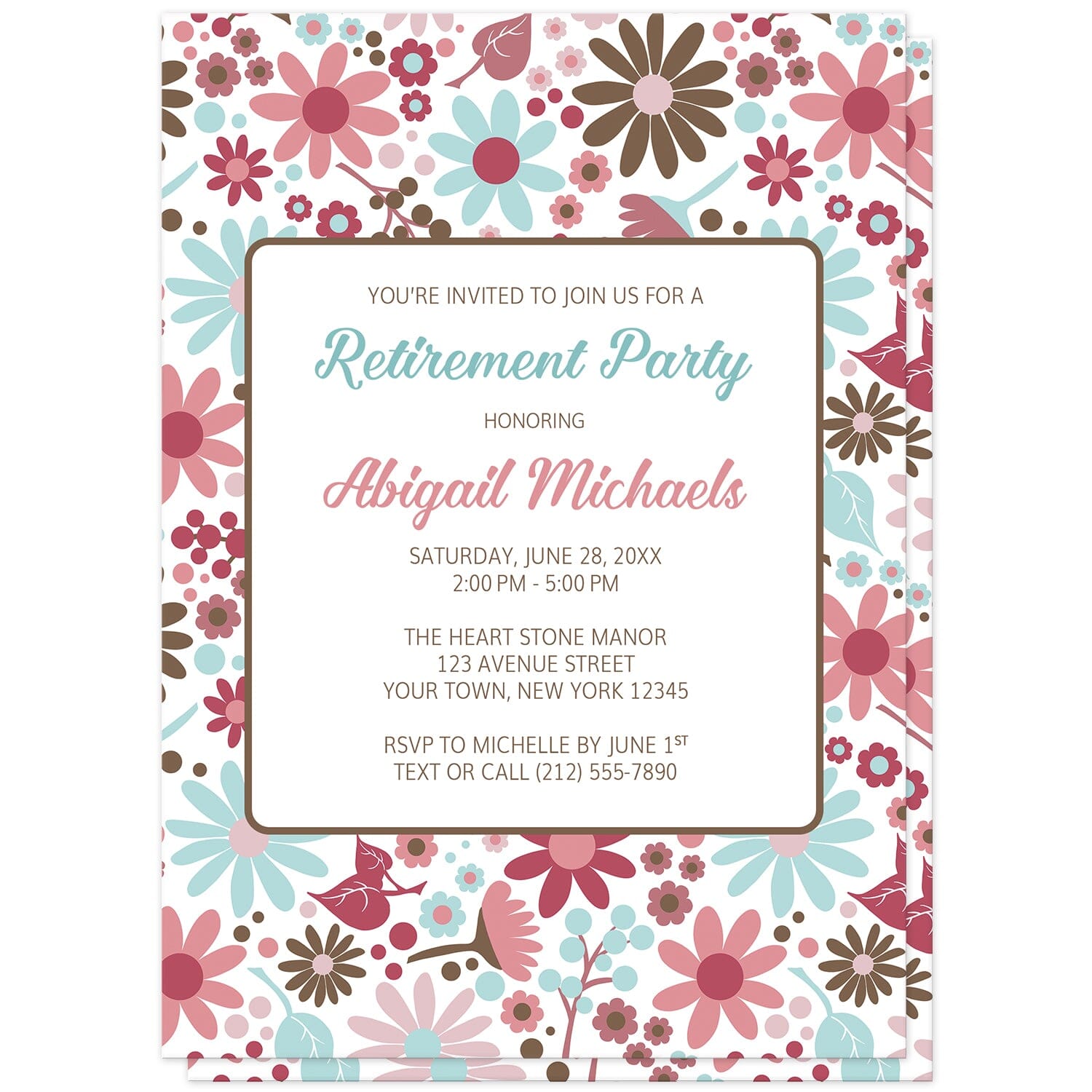 Berry Blue Summer Flowers Retirement Party Invitations at Artistically Invited. Beautiful berry blue summer flowers retirement party invitations designed with a pretty summer floral pattern in different hues of berry pink with blue and brown. Your personalizes retirement party details are custom printed in blue, pink, and brown over white in the center area of the invitations.