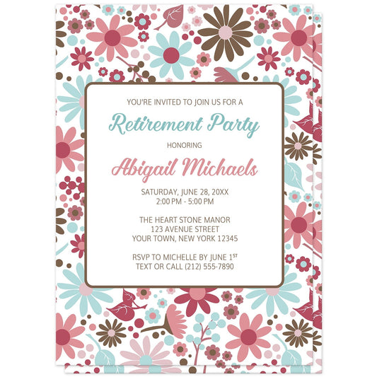 Berry Blue Summer Flowers Retirement Party Invitations at Artistically Invited. Beautiful berry blue summer flowers retirement party invitations designed with a pretty summer floral pattern in different hues of berry pink with blue and brown. Your personalizes retirement party details are custom printed in blue, pink, and brown over white in the center area of the invitations.
