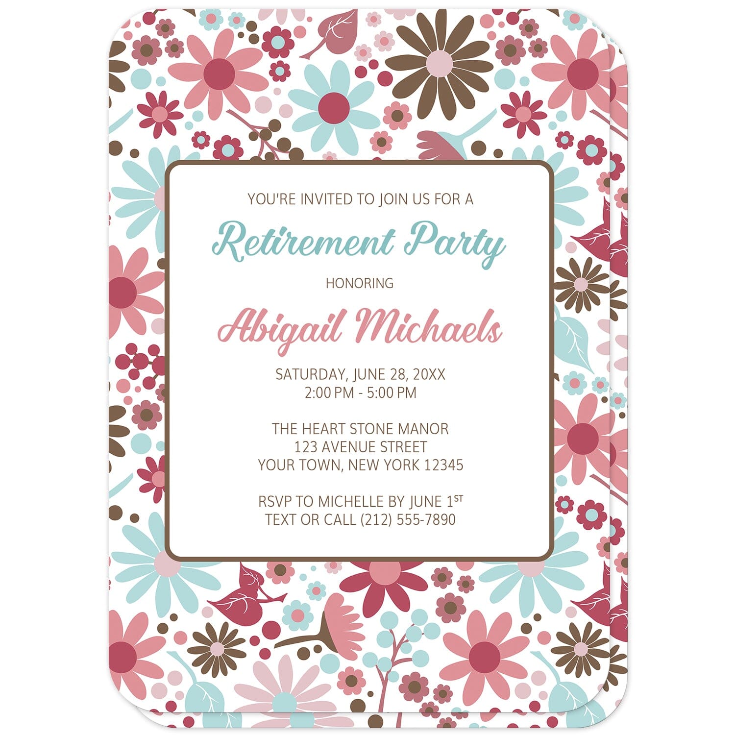 Berry Blue Summer Flowers Retirement Party Invitations (with rounded corners) at Artistically Invited. Beautiful berry blue summer flowers retirement party invitations designed with a pretty summer floral pattern in different hues of berry pink with blue and brown. Your personalizes retirement party details are custom printed in blue, pink, and brown over white in the center area of the invitations. 