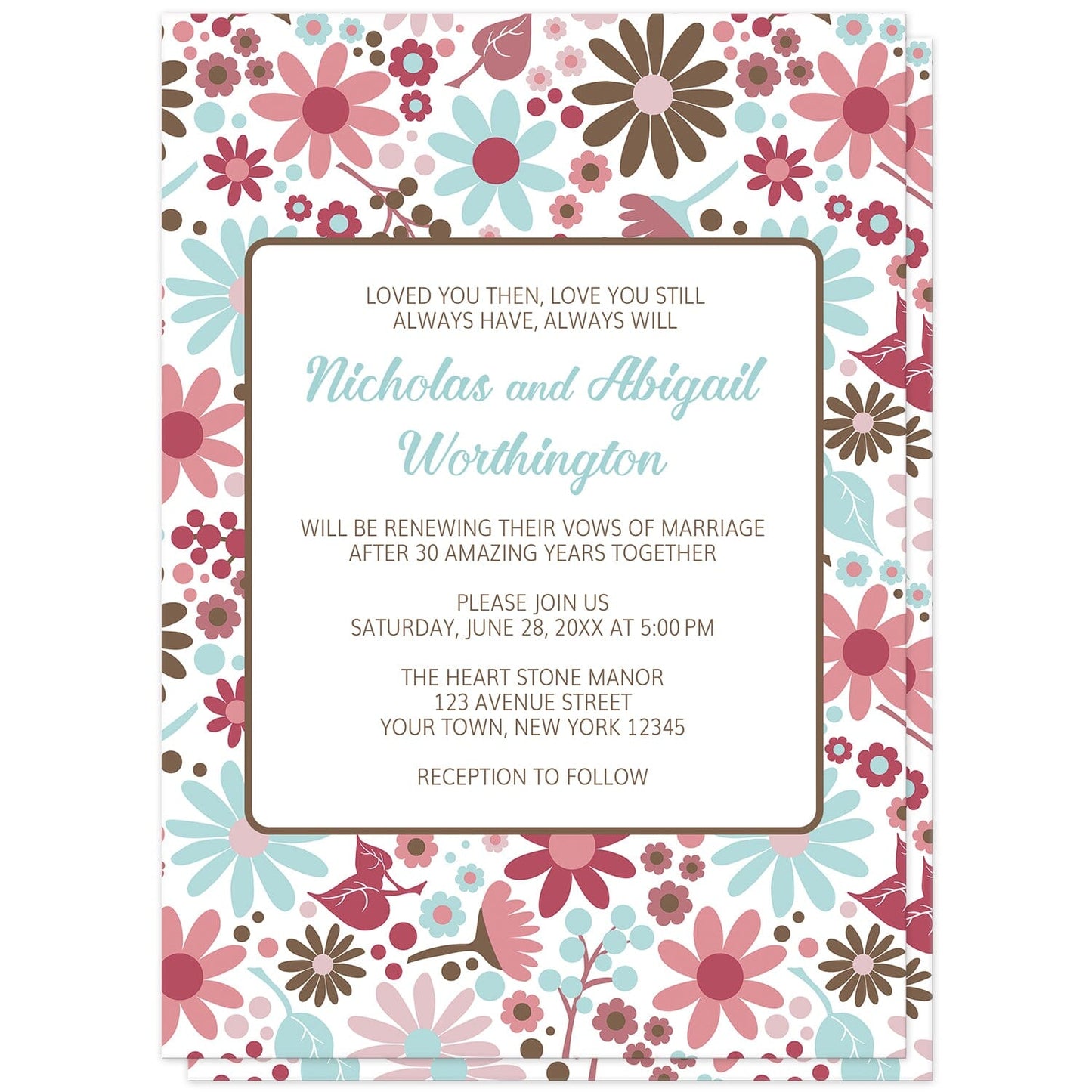 Berry Blue Summer Flowers Vow Renewal Invitations (front) at Artistically Invited. Beautiful berry blue summer flowers vow renewal invitations designed with a pretty summer floral pattern in different hues of berry pink with blue and brown. Personalize these invitations with your occasion details for renewing your vows. They're a gorgeous option for any couple who loves floral designs as they're covered in this flowers pattern on both the front and back of the invitations.