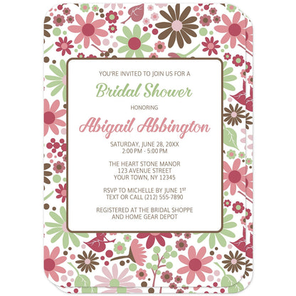 Berry Green Summer Flowers Bridal Shower Invitations (front with rounded corners) at Artistically Invited. Beautiful berry green summer flowers bridal shower invitations designed with a pretty summer floral pattern in different hues of berry pink with green and brown. Your personalized bridal shower celebration details are custom printed in green, pink, and brown on white over the flowers pattern.