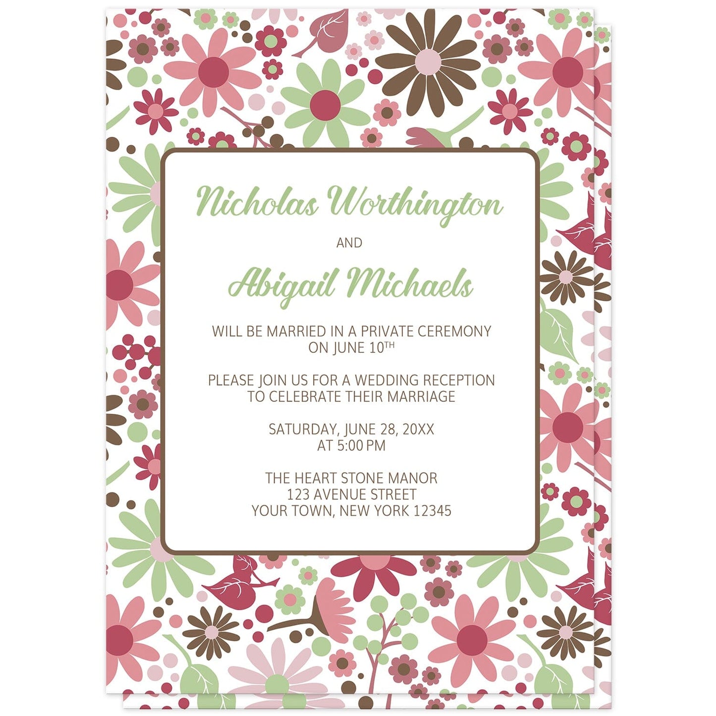 Berry Green Summer Flowers Reception Only Invitations (front) at Artistically Invited. Beautiful berry green summer flowers reception only invitations designed with a pretty summer floral pattern in different hues of berry pink with green and brown. Personalize these invitations with your post-wedding reception occasion details. They're a gorgeous option for any couple who loves floral designs as they're covered in this flowers pattern on both the front and back of the invitations.