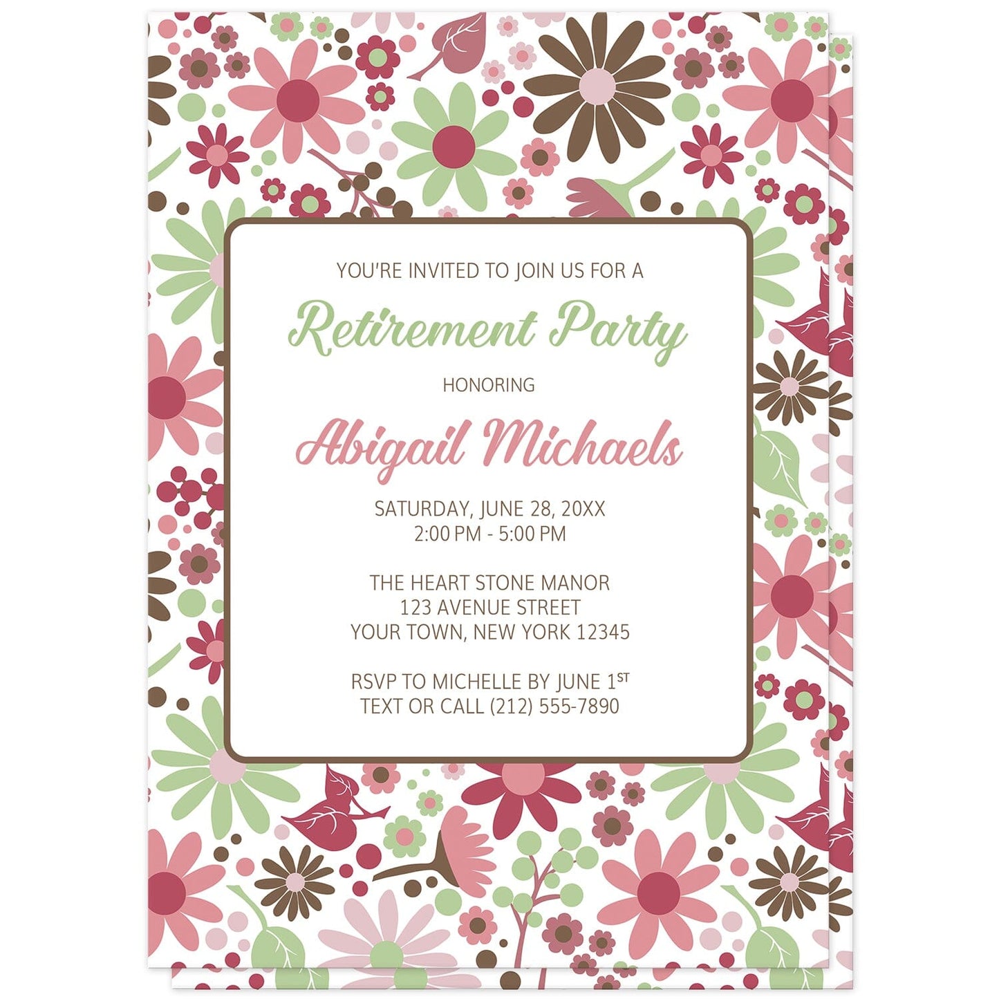 Berry Green Summer Flowers Retirement Party Invitations (front) at Artistically Invited. Beautiful berry green summer flowers retirement party invitations designed with a pretty summer floral pattern in different hues of berry pink with green and brown. Your personalizes retirement party details are custom printed in green, pink, and brown over white in the center area of the invitations.