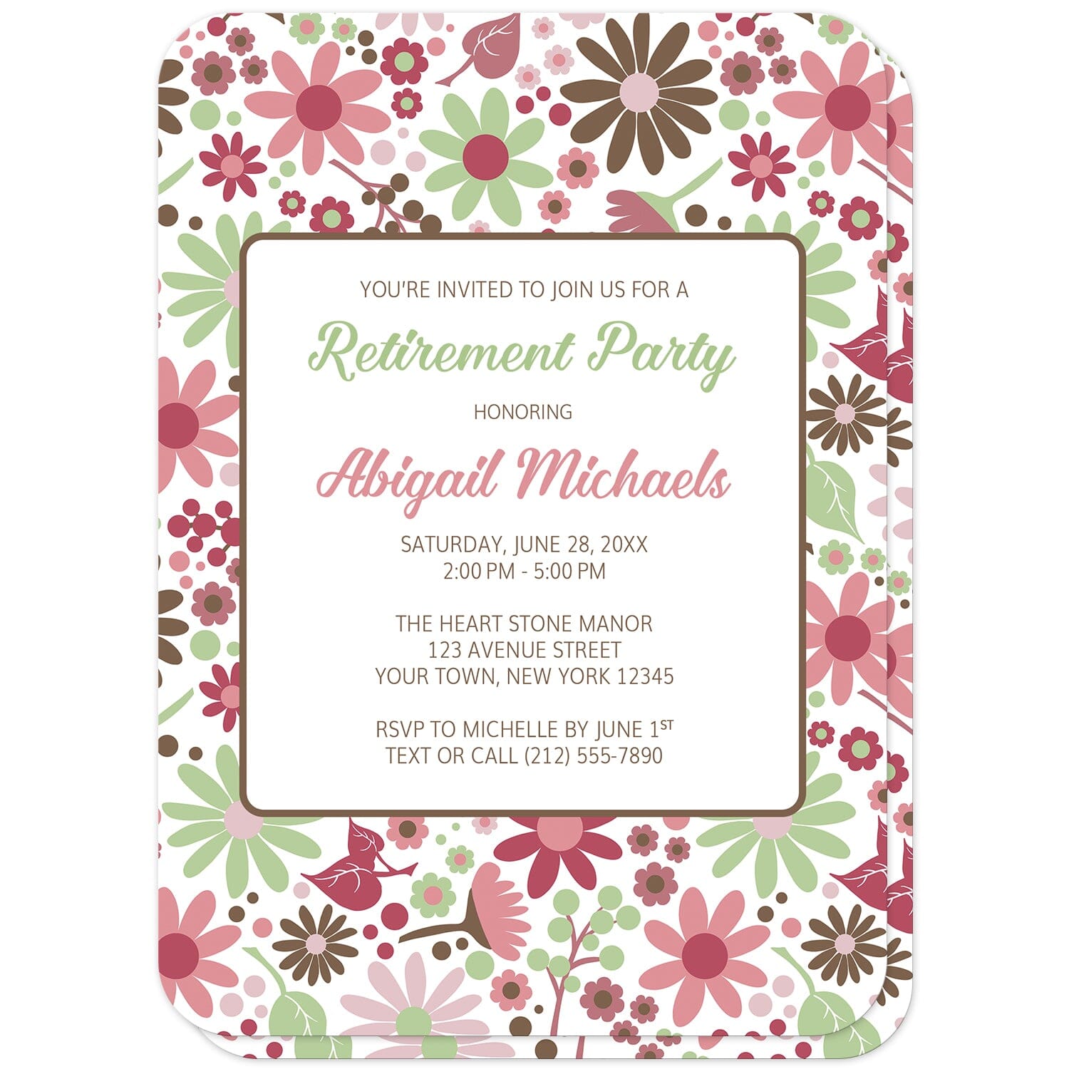 Berry Green Summer Flowers Retirement Party Invitations (front with rounded corners) at Artistically Invited. Beautiful berry green summer flowers retirement party invitations designed with a pretty summer floral pattern in different hues of berry pink with green and brown. Your personalizes retirement party details are custom printed in green, pink, and brown over white in the center area of the invitations.