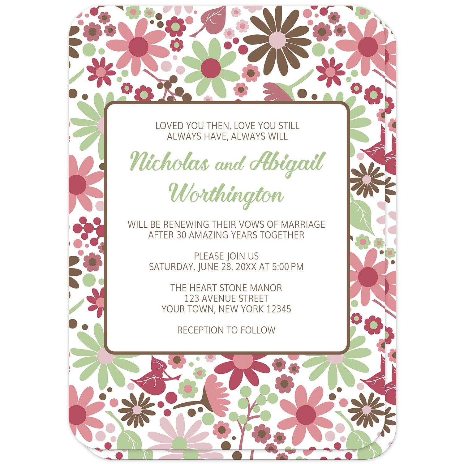 Berry Green Summer Flowers Vow Renewal Invitations (front with rounded corners) at Artistically Invited. Beautiful berry green summer flowers vow renewal invitations designed with a pretty summer floral pattern in different hues of berry pink with green and brown. Personalize these invitations with your occasion details for renewing your vows. They're a gorgeous option for any couple who loves floral designs as they're covered in this flowers pattern on both the front and back of the invitations. 