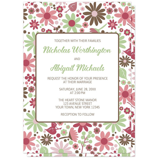 Berry Green Summer Flowers Wedding Invitations (front) at Artistically Invited. Beautiful berry green summer flowers wedding invitations designed with a pretty summer floral pattern in different hues of berry pink with green and brown. Personalize these invitations with your marriage occasion details. They're a gorgeous option for any couple who loves floral designs as they're covered in this flowers pattern on the front of the invitations.