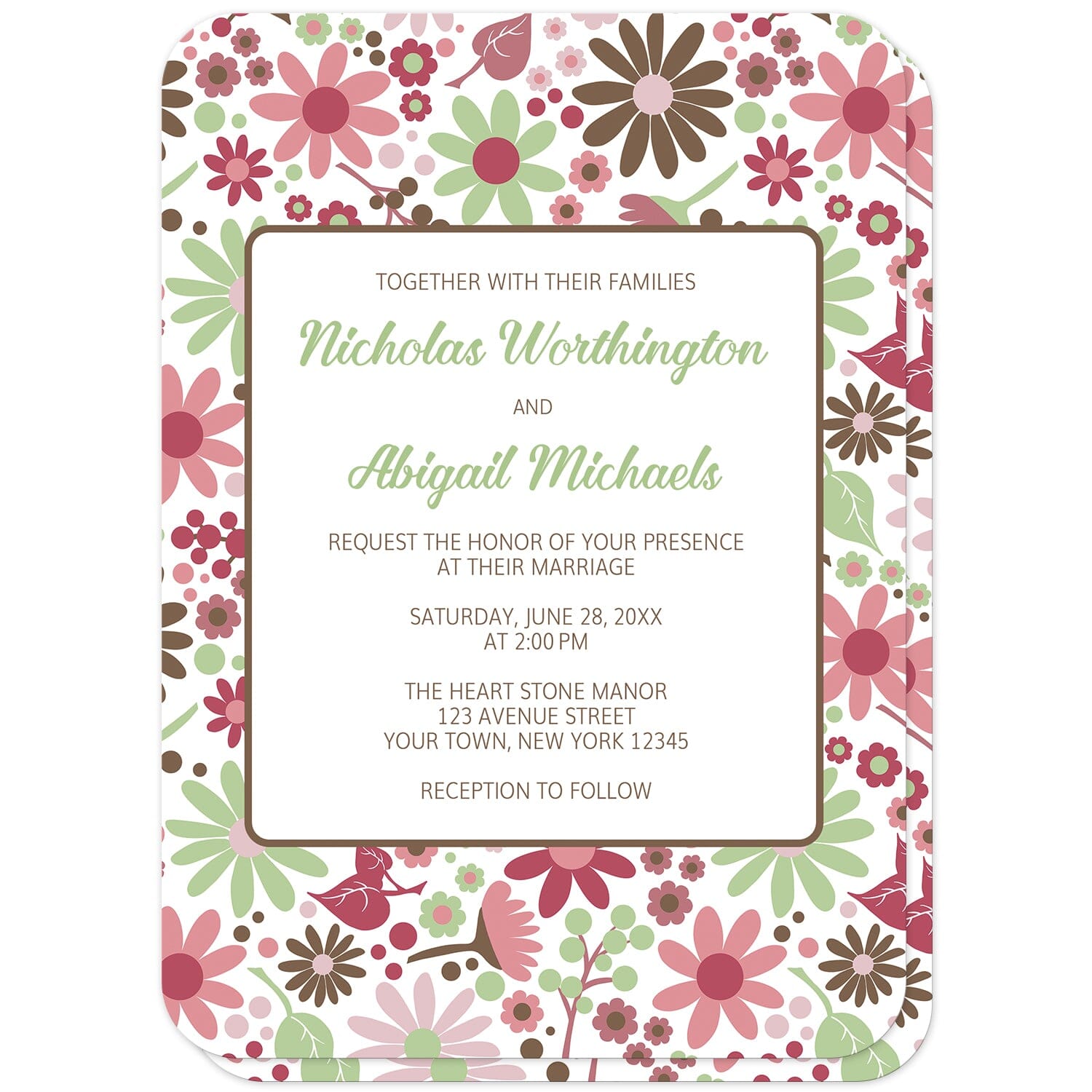 Berry Green Summer Flowers Wedding Invitations (front with rounded corners) at Artistically Invited. Beautiful berry green summer flowers wedding invitations designed with a pretty summer floral pattern in different hues of berry pink with green and brown. Personalize these invitations with your marriage occasion details. They're a gorgeous option for any couple who loves floral designs as they're covered in this flowers pattern on both the front and back of the invitations. 