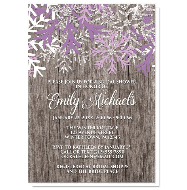 Rustic Winter Wood Purple Snowflake Bridal Shower Invitation at Artistically Invited. Country-inspired rustic winter wood purple snowflake bridal shower invitations designed with purple, light purple, white, and silver-colored glitter-illustrated snowflakes along the top over a rustic wood pattern illustration. Your personalized bridal shower celebration details are arranged in white over the wood background below the snowflakes.