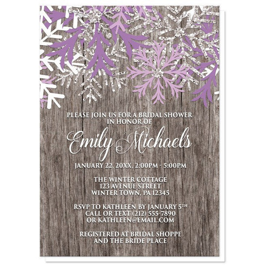 Rustic Winter Wood Purple Snowflake Bridal Shower Invitation at Artistically Invited. Country-inspired rustic winter wood purple snowflake bridal shower invitations designed with purple, light purple, white, and silver-colored glitter-illustrated snowflakes along the top over a rustic wood pattern illustration. Your personalized bridal shower celebration details are arranged in white over the wood background below the snowflakes.