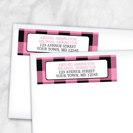 Light Pink and Black Buffalo Plaid Address Labels at Artistically Invited