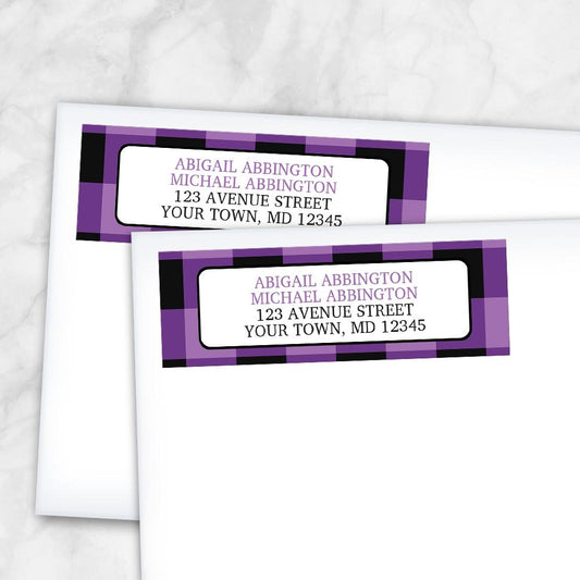 Purple and Black Buffalo Plaid Address Labels at Artistically Invited