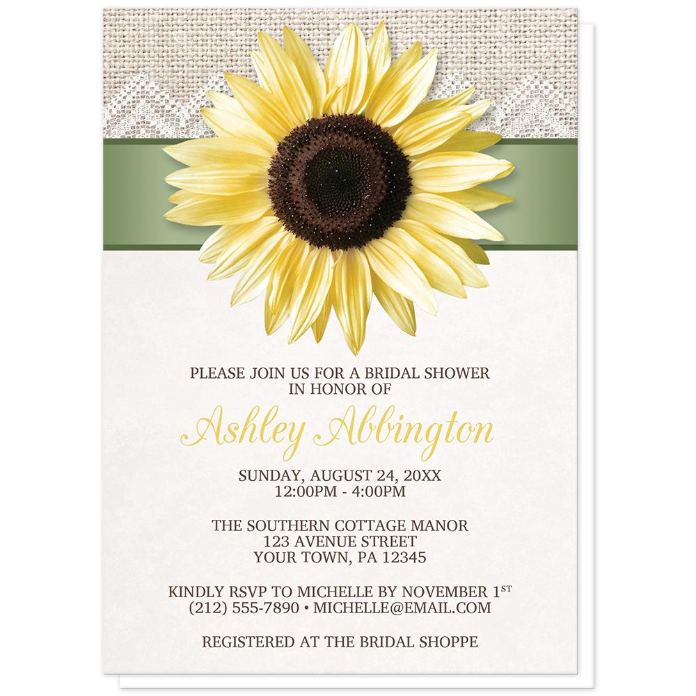 Burlap and Lace Sage Sunflower Bridal Shower Invitations at Artistically Invited. Burlap and lace sage sunflower bridal shower invitations with a big yellow sunflower on a sage green ribbon stripe and a rustic burlap and lace background illustration along the top of the invitations. Your personalized bridal shower celebration details are arranged in yellow and brown over a light beige background color below the sage green and sunflower design.