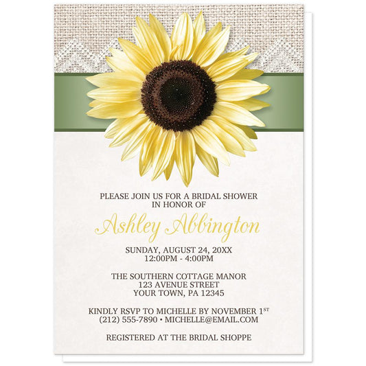 Burlap and Lace Sage Sunflower Bridal Shower Invitations at Artistically Invited. Burlap and lace sage sunflower bridal shower invitations with a big yellow sunflower on a sage green ribbon stripe and a rustic burlap and lace background illustration along the top of the invitations. Your personalized bridal shower celebration details are arranged in yellow and brown over a light beige background color below the sage green and sunflower design.