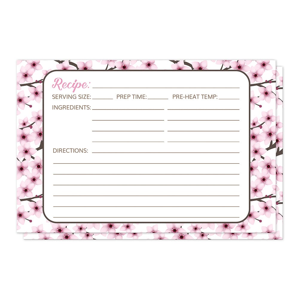 Cherry Blossom Recipe Cards (front side) at Artistically Invited. Cherry blossom recipe cards designed with a gorgeous pattern of pink cherry blossom branches. The recipe is to be handwritten over a white rectangular area outlined in dark brown centered over the pretty pink floral background.