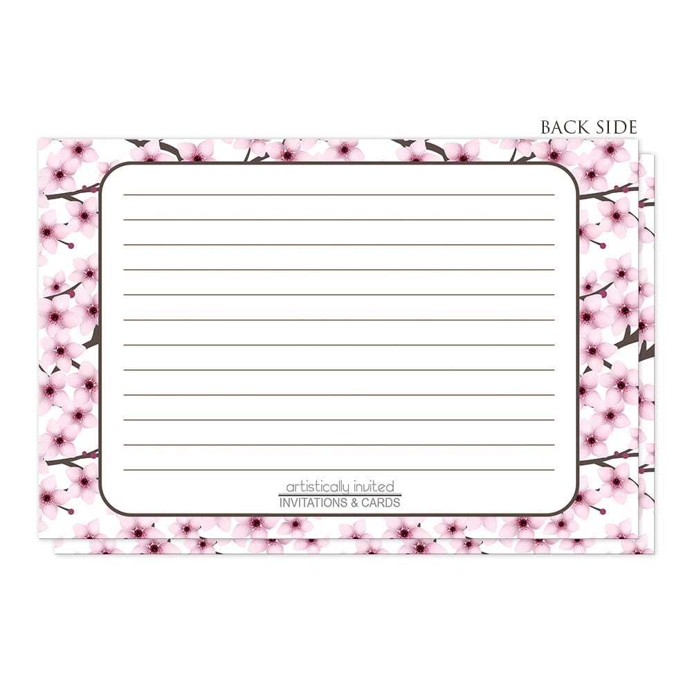Cherry Blossom Recipe Cards (back side) at Artistically Invited. Cherry blossom recipe cards designed with a gorgeous pattern of pink cherry blossom branches. The recipe is to be handwritten over a white rectangular area outlined in dark brown centered over the pretty pink floral background.