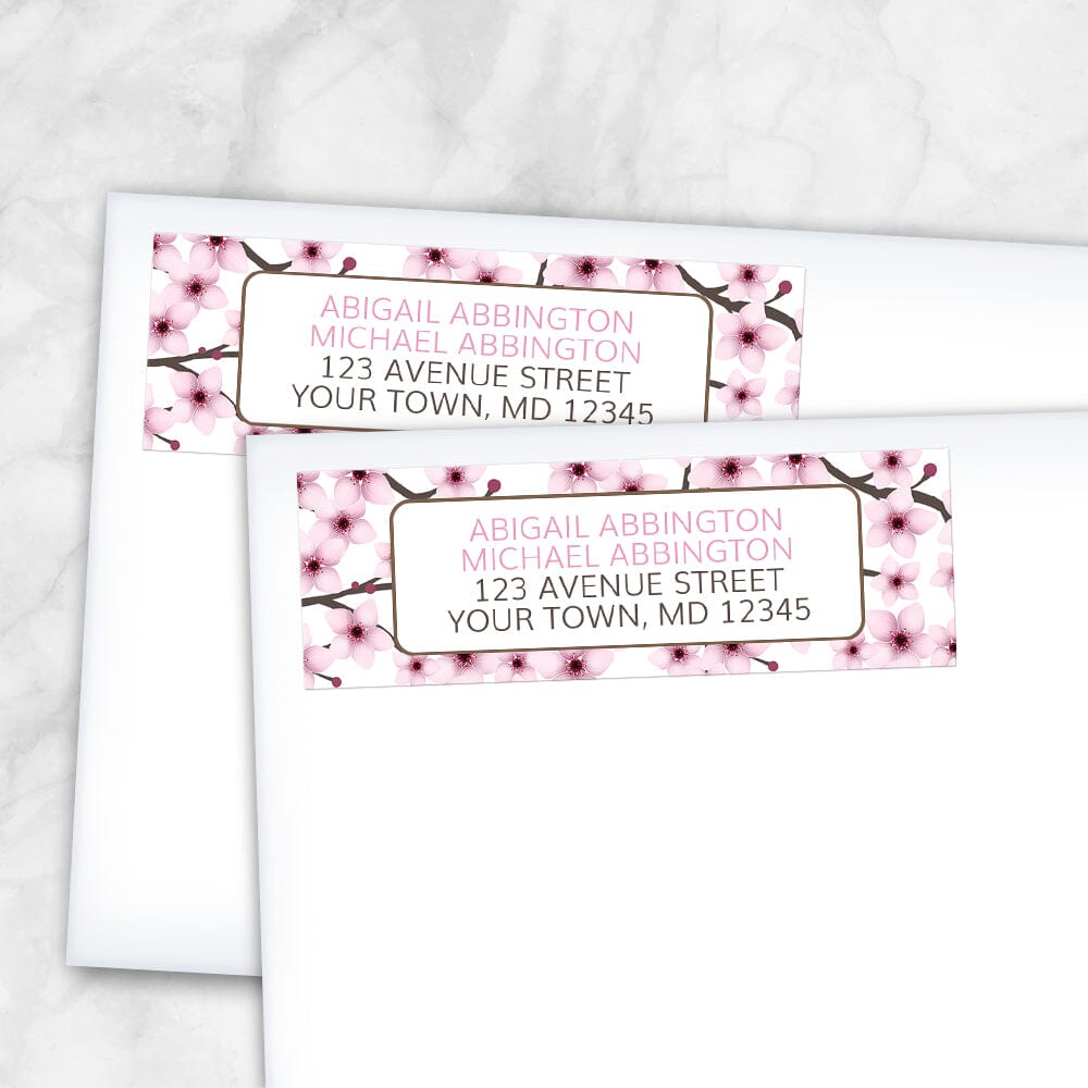 Cherry Blossom Address Labels (shown on envelopes) at Artistically Invited.