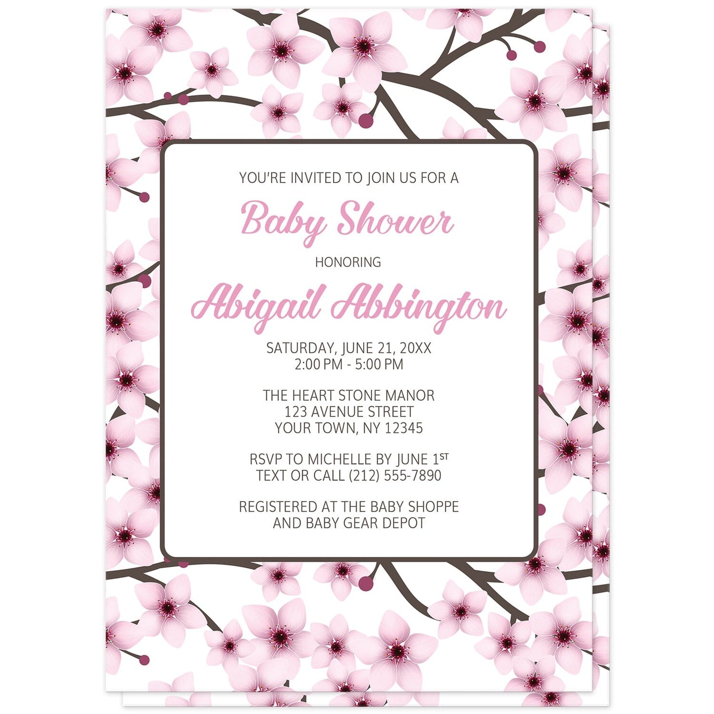 Cherry Blossom Baby Shower Invitations (front) at Artistically Invited. Cherry blossom baby shower invitations designed with a gorgeous pattern of pink cherry blossom branches. This beautiful floral background design is also printed on the back side of the invitations. Personalize these invitations with your baby shower celebration details in pink and dark brown in a white rectangular area over the pretty cherry blossoms.