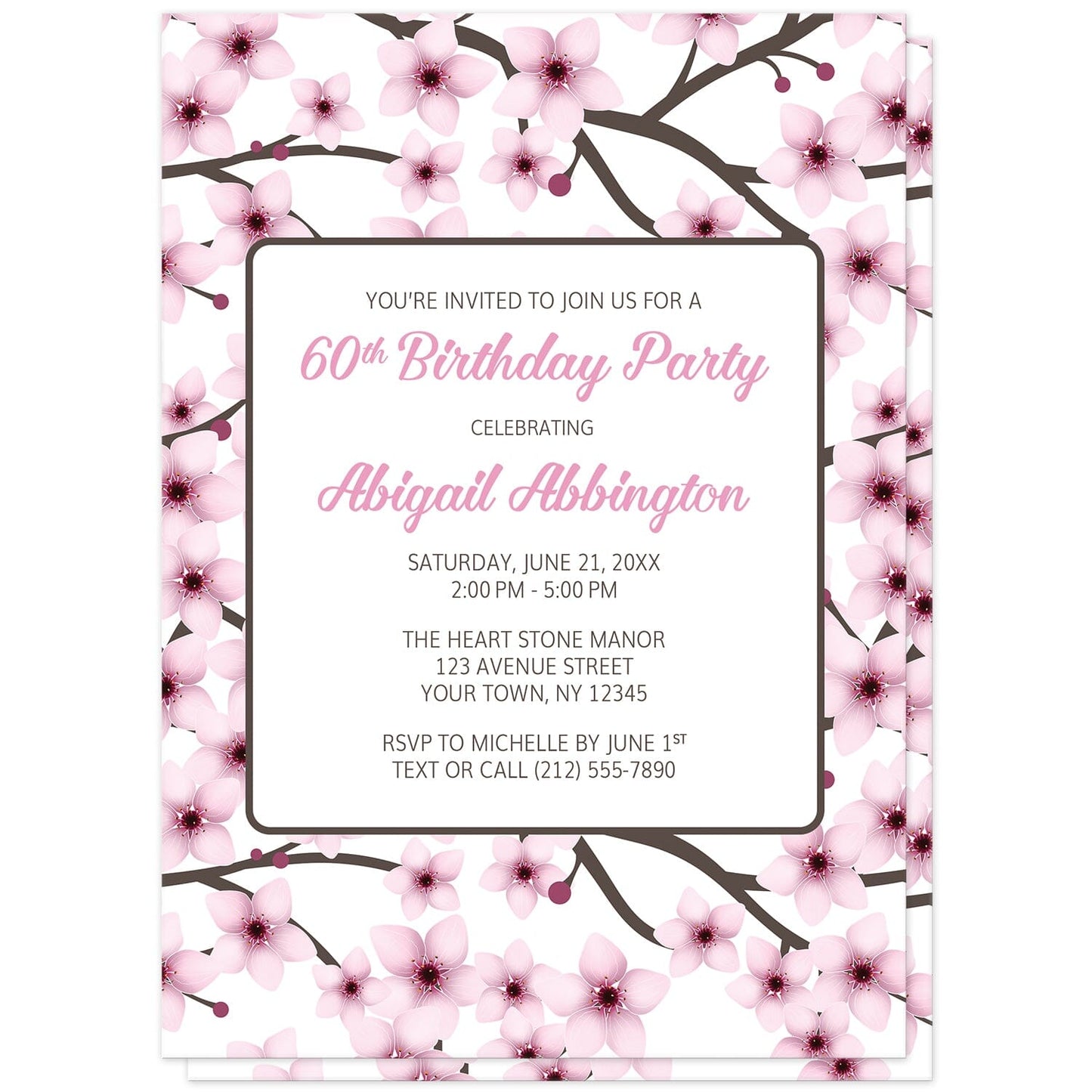 Cherry Blossom Birthday Party Invitations (front) at Artistically Invited. Cherry blossom birthday party invitations designed with a gorgeous pattern of pink cherry blossom branches. Personalize these invitations with your birthday celebration details in pink and dark brown in a white rectangular area over the pretty cherry blossoms.