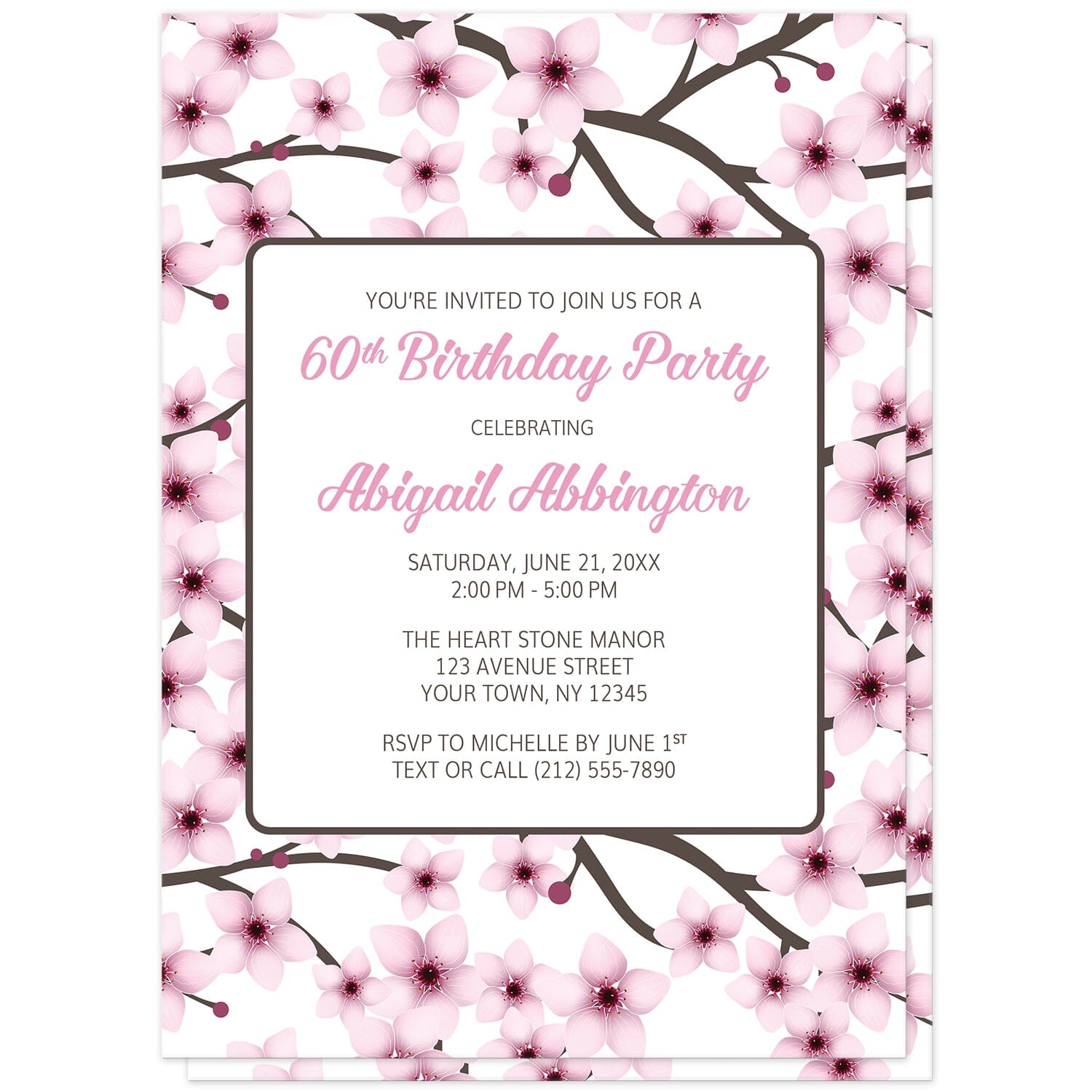 Cherry Blossom Birthday Party Invitations (front) at Artistically Invited. Cherry blossom birthday party invitations designed with a gorgeous pattern of pink cherry blossom branches. Personalize these invitations with your birthday celebration details in pink and dark brown in a white rectangular area over the pretty cherry blossoms.