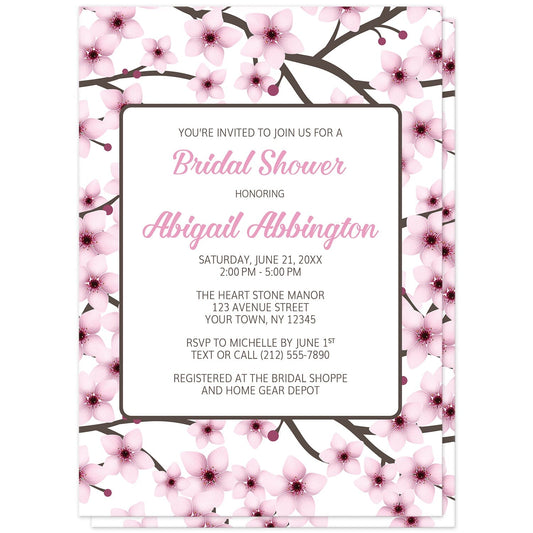Cherry Blossom Bridal Shower Invitations (front) at Artistically Invited. Cherry blossom bridal shower invitations designed with a gorgeous pattern of pink cherry blossom branches. Personalize these invitations with your bridal shower celebration details in pink and dark brown in a white rectangular area over the pretty cherry blossoms.