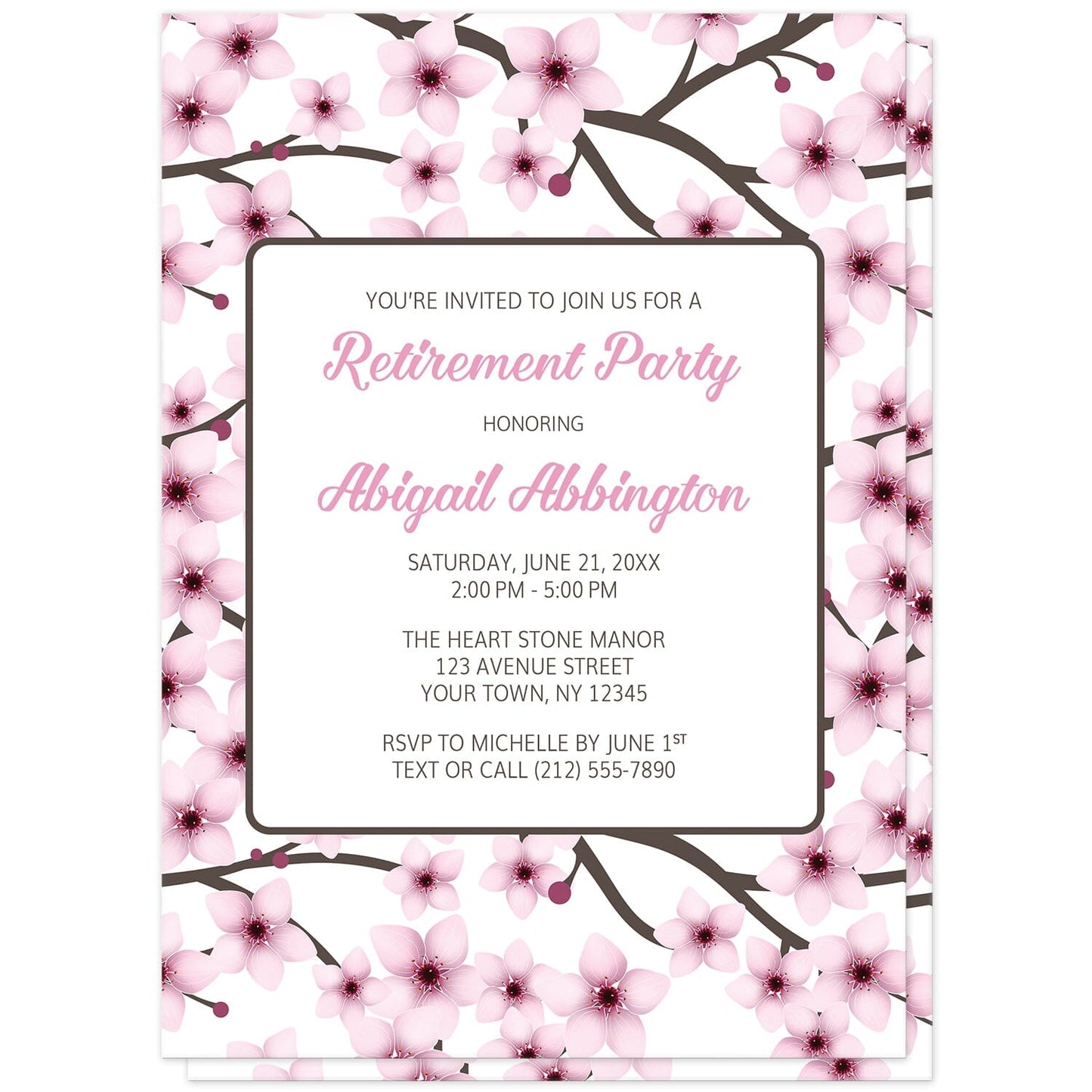 Cherry Blossom Retirement Party Invitations (front) at Artistically Invited. Beautiful cherry blossom retirement party invitations designed with a gorgeous floral pattern of pink cherry blossom branches on both sides of the invitations. Your personalized retirement party details are arranged in pink and brown on white in the center area over the cherry blossoms pattern on the front.