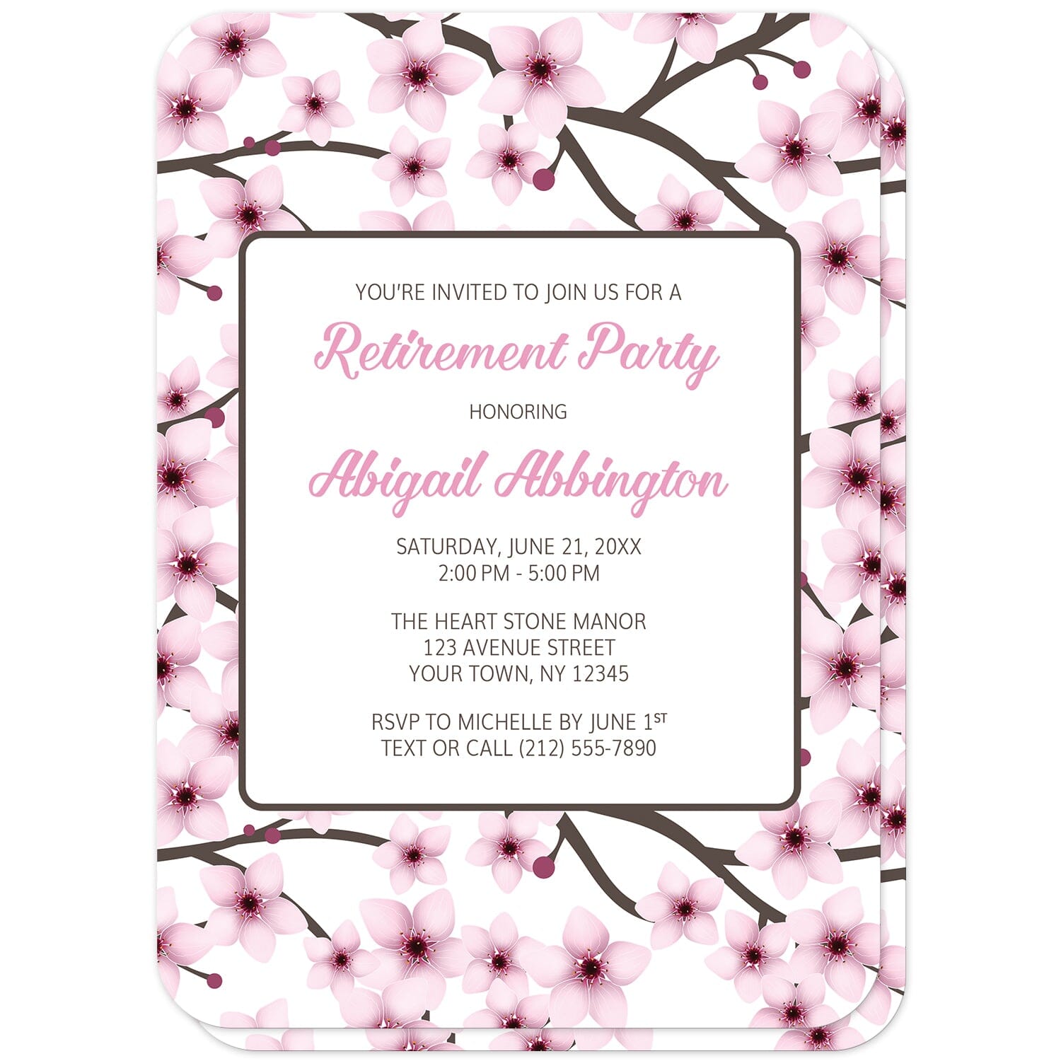 Cherry Blossom Retirement Party Invitations (front with rounded corners) at Artistically Invited. Beautiful cherry blossom retirement party invitations designed with a gorgeous floral pattern of pink cherry blossom branches on both sides of the invitations. Your personalized retirement party details are custom printed in pink and brown on white in the center area over the cherry blossoms pattern on the front. 