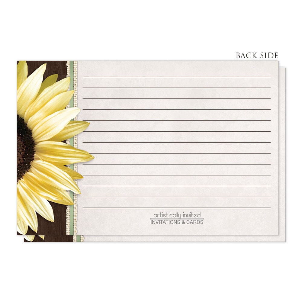 Country Sunflower Wood Brown Green Recipe Cards (back side) at Artistically Invited. Country sunflower wood brown green recipe cards in a floral southern style, with a big yellow sunflower over a dark brown wood pattern illustration with a burlap and green stripe, all on the left side. The recipe is to be handwritten over beige on the remaining area of the recipe cards.