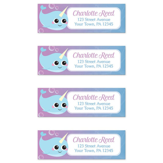 Cute Happy Narwhal Return Address Labels (4 to a sheet) at Artistically Invited.