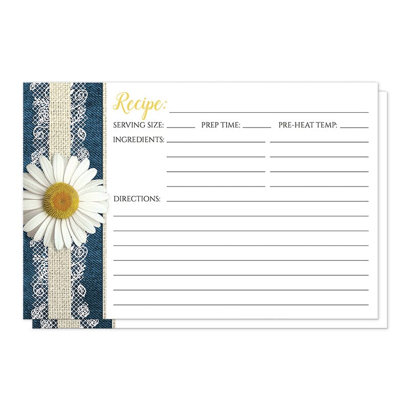 Daisy Burlap and Lace Denim Recipe Cards (front side) at Artistically Invited. Southern-inspired daisy burlap and lace denim recipe cards with a pretty white daisy flower. The daisy is centered vertically on the left side of the recipe cards, on a burlap and lace ribbon illustration over a navy blue denim background. The recipe is to be handwritten over white on the remaining area of the recipe cards.
