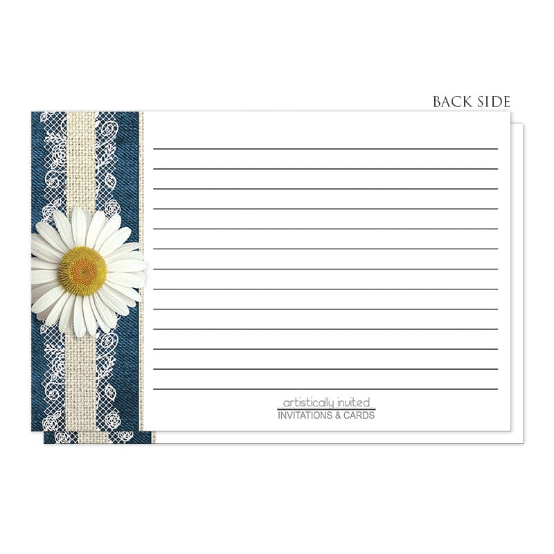 Daisy Burlap and Lace Denim Recipe Cards (back side) at Artistically Invited. Southern-inspired daisy burlap and lace denim recipe cards with a pretty white daisy flower. The daisy is centered vertically on the left side of the recipe cards, on a burlap and lace ribbon illustration over a navy blue denim background. The recipe is to be handwritten over white on the remaining area of the recipe cards.