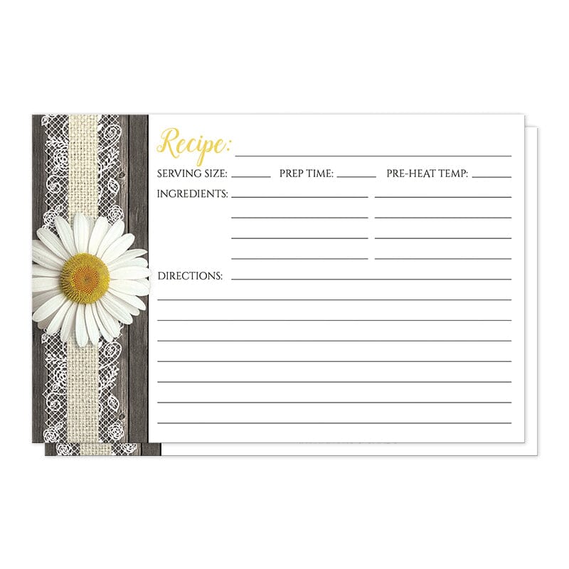 Daisy Burlap and Lace Wood Recipe Cards (front side) at Artistically Invited.