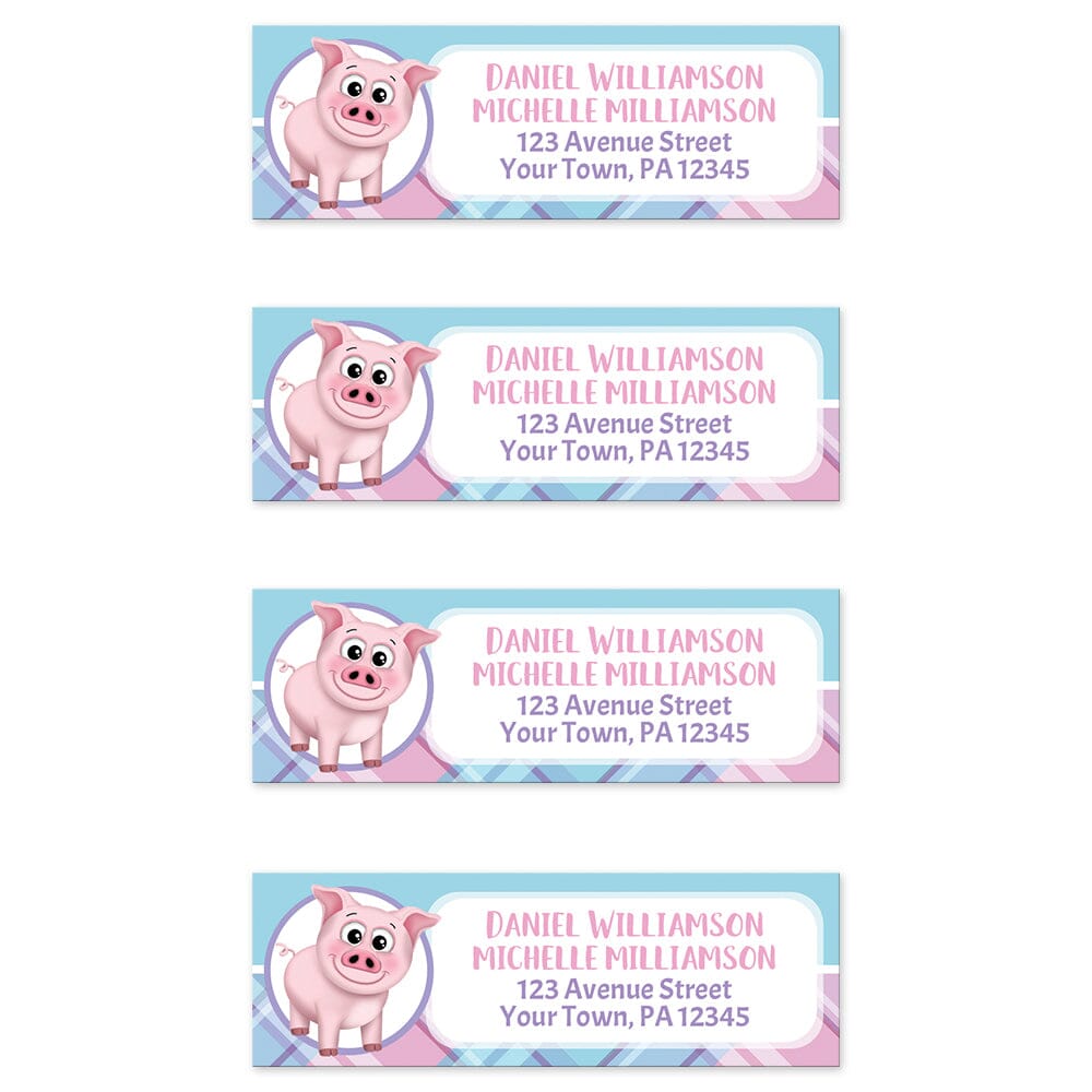 Happy Pig Pink Blue and Purple Plaid Address Labels (4 to a sheet) at Artistically Invited.