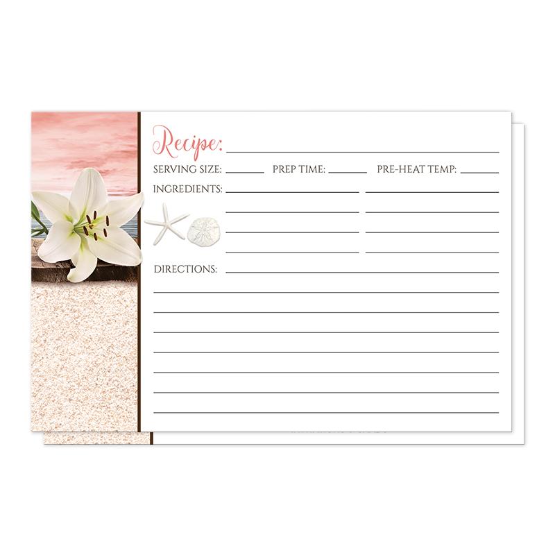 Lily Seashells and Sand Coral Beach Recipe Cards (front side) at Artistically Invited. Coral beach recipe cards designed with a white lily flower on a rustic wood dock with a coral sky behind it over a beige sand texture background illustration along the left side. The recipe on these coral beach recipe cards is to be handwritten over white on the remaining area of the recipe cards, with two watermark seashells beside the ingredients section.