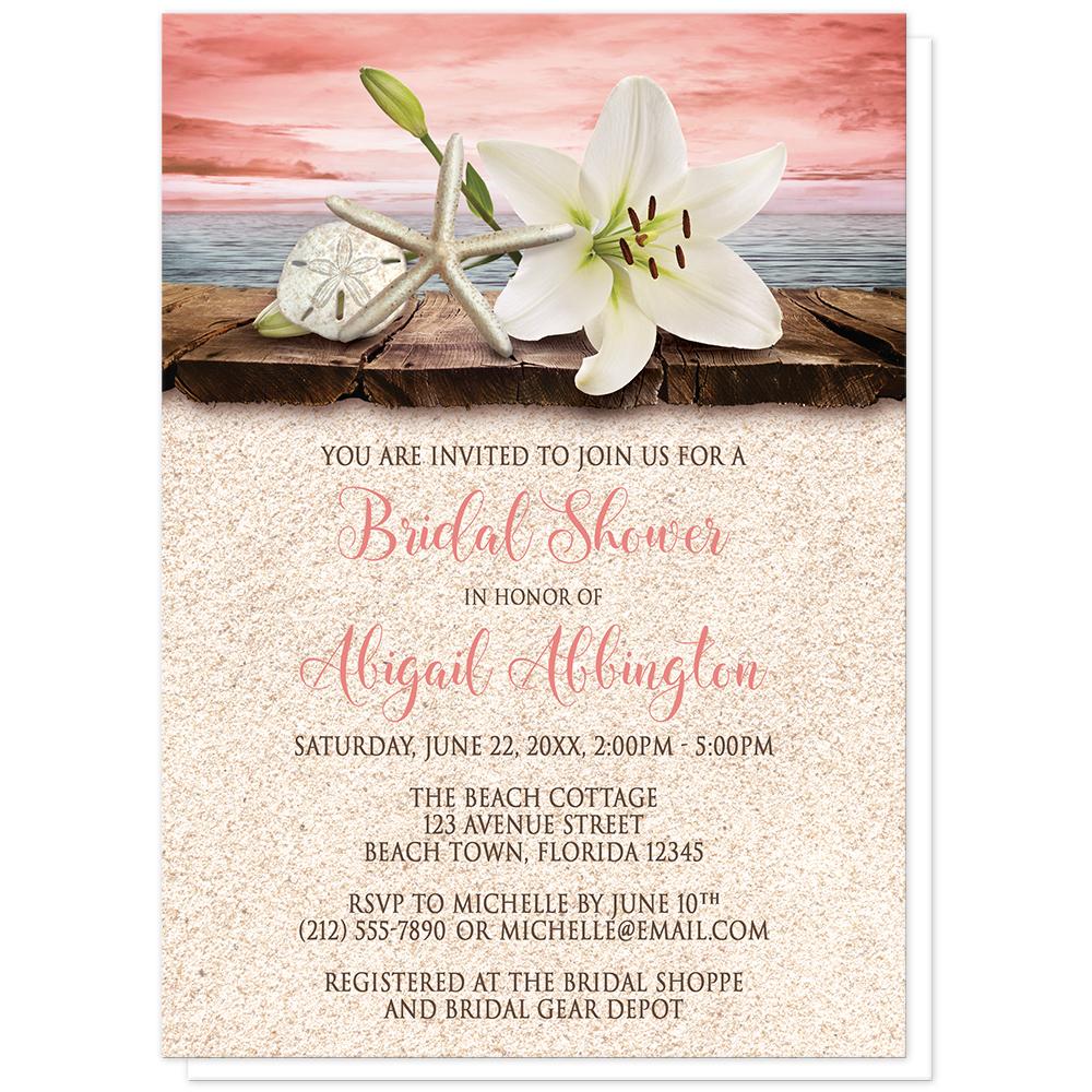 Lily Seashells and Sand Coral Beach Bridal Shower Invitations at Artistically Invited. Tropical lily seashells and sand coral beach bridal shower invitations with an elegant white lily, a starfish, and a sand dollar on a rustic wood dock overlooking the open water under a coral sky. Your personalized bridal shower celebration details are arranged in dark brown and coral over a beige sand background design below the lily and seashells. 