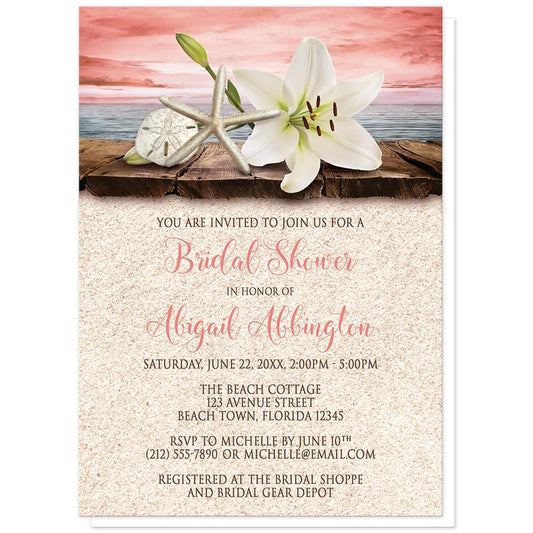Lily Seashells and Sand Coral Beach Bridal Shower Invitations at Artistically Invited. Tropical lily seashells and sand coral beach bridal shower invitations with an elegant white lily, a starfish, and a sand dollar on a rustic wood dock overlooking the open water under a coral sky. Your personalized bridal shower celebration details are arranged in dark brown and coral over a beige sand background design below the lily and seashells. 