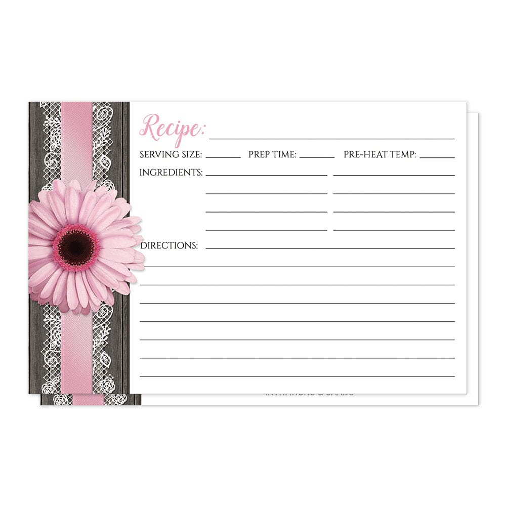 Pink Daisy Lace Rustic Wood Recipe Cards (front side) at Artistically Invited.