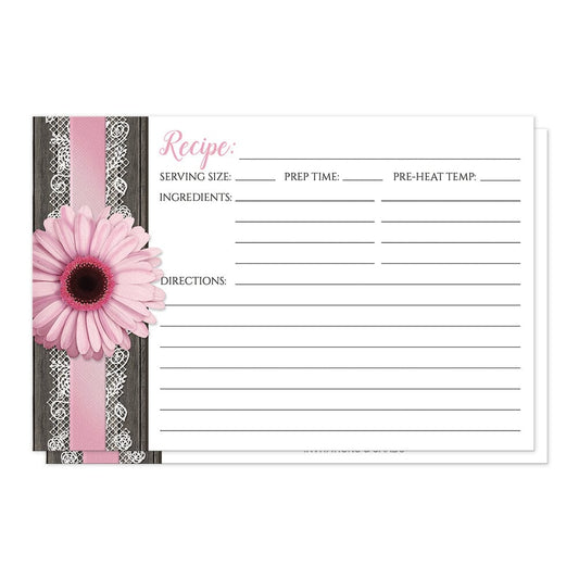 Pink Daisy Lace Rustic Wood Recipe Cards (front side) at Artistically Invited.