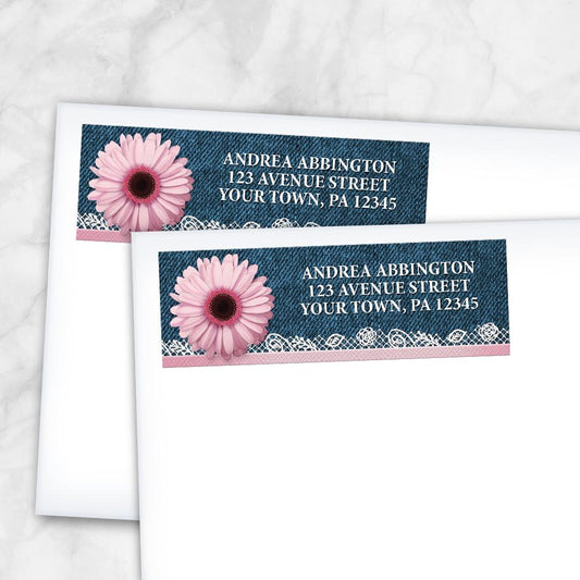 Pink Daisy Lace Rustic Denim Address Labels at Artistically Invited